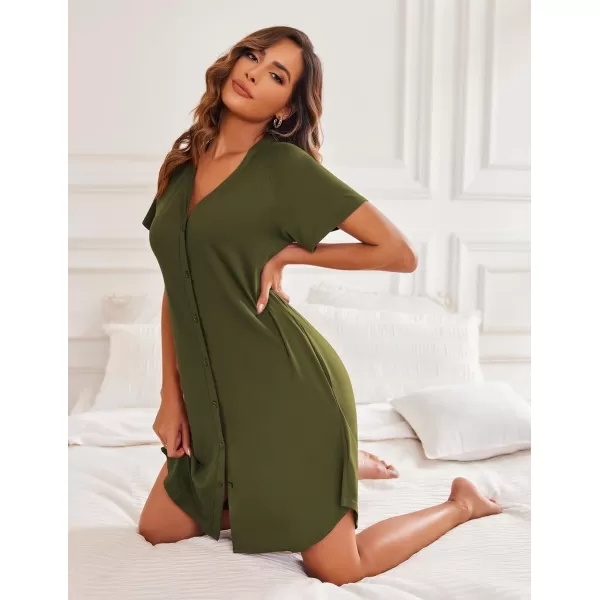 Ekouaer Womens Button Down Nightgown Short Sleeve Sleepshirt V Neck Night Shirt Soft Pajamas Dress with PocketsArmy Green