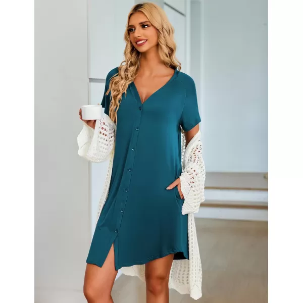 Ekouaer Womens Button Down Nightgown Short Sleeve Sleepshirt V Neck Night Shirt Soft Pajamas Dress with PocketsBlue Green