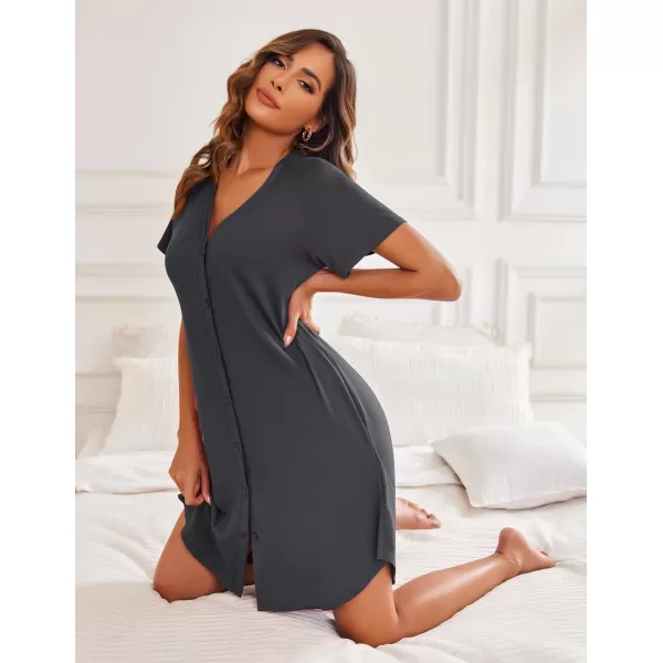 Ekouaer Womens Button Down Nightgown Short Sleeve Sleepshirt V Neck Night Shirt Soft Pajamas Dress with PocketsDark Grey