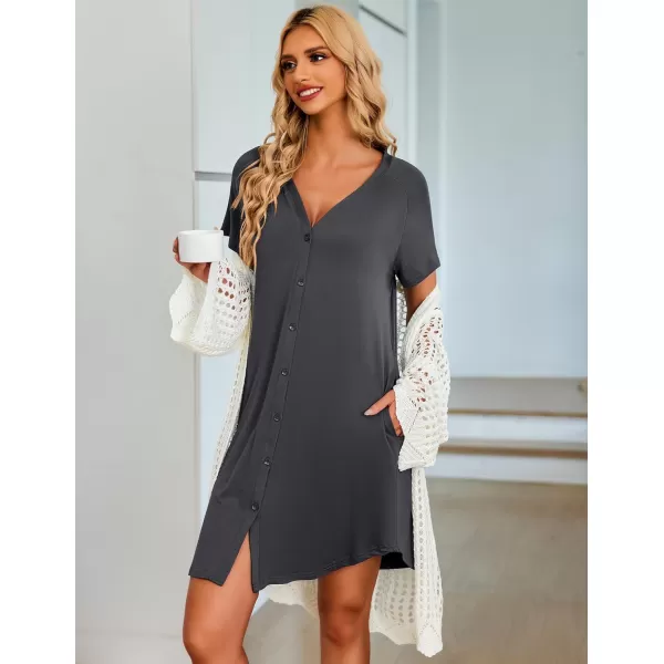 Ekouaer Womens Button Down Nightgown Short Sleeve Sleepshirt V Neck Night Shirt Soft Pajamas Dress with PocketsDark Grey