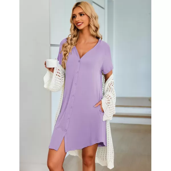 Ekouaer Womens Button Down Nightgown Short Sleeve Sleepshirt V Neck Night Shirt Soft Pajamas Dress with PocketsLilac