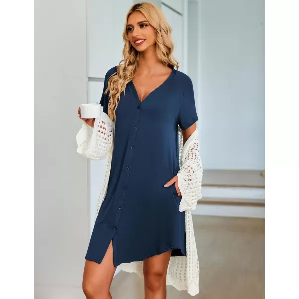 Ekouaer Womens Button Down Nightgown Short Sleeve Sleepshirt V Neck Night Shirt Soft Pajamas Dress with PocketsNavy Blue