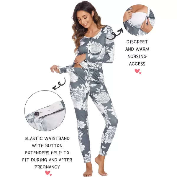 Ekouaer Womens Button Down Nursing Thermal Underwear Maternity Pajamas Microfiber Fleece Lined Winter Pjs Set Long John SetFloral Grey Fleece