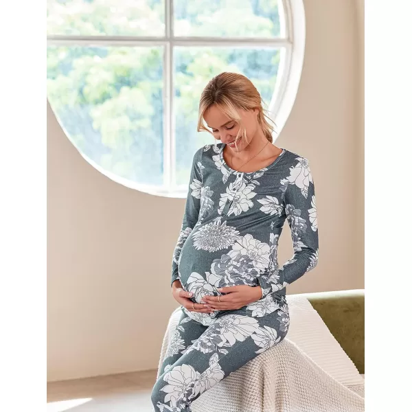 Ekouaer Womens Button Down Nursing Thermal Underwear Maternity Pajamas Microfiber Fleece Lined Winter Pjs Set Long John SetFloral Grey Fleece