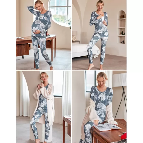 Ekouaer Womens Button Down Nursing Thermal Underwear Maternity Pajamas Microfiber Fleece Lined Winter Pjs Set Long John SetFloral Grey Fleece