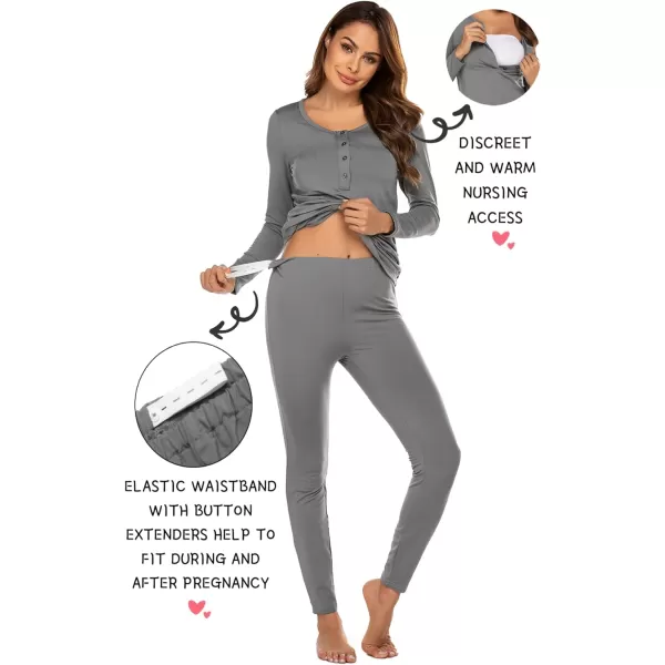 Ekouaer Womens Button Down Nursing Thermal Underwear Maternity Pajamas Microfiber Fleece Lined Winter Pjs Set Long John SetGrey
