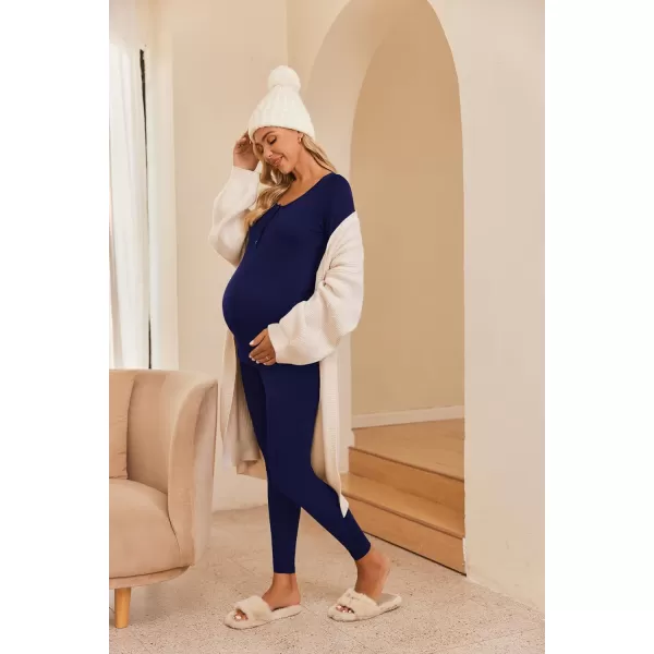 Ekouaer Womens Button Down Nursing Thermal Underwear Maternity Pajamas Microfiber Fleece Lined Winter Pjs Set Long John SetNavy Blue