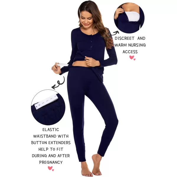 Ekouaer Womens Button Down Nursing Thermal Underwear Maternity Pajamas Microfiber Fleece Lined Winter Pjs Set Long John SetNavy Blue