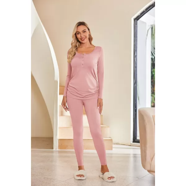 Ekouaer Womens Button Down Nursing Thermal Underwear Maternity Pajamas Microfiber Fleece Lined Winter Pjs Set Long John SetPink