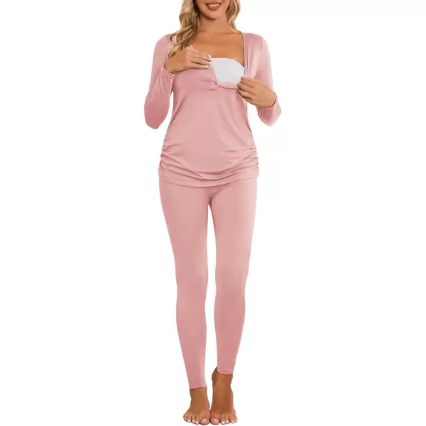 Ekouaer Womens Button Down Nursing Thermal Underwear Maternity Pajamas Microfiber Fleece Lined Winter Pjs Set Long John SetPink