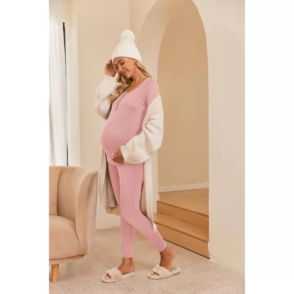 Ekouaer Womens Button Down Nursing Thermal Underwear Maternity Pajamas Microfiber Fleece Lined Winter Pjs Set Long John SetPink