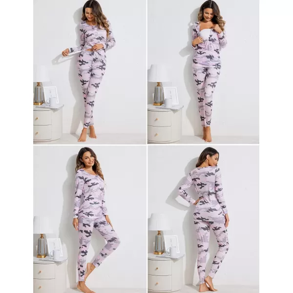 Ekouaer Womens Button Down Nursing Thermal Underwear Maternity Pajamas Microfiber Fleece Lined Winter Pjs Set Long John SetPink Camouflage No FleeceRun Small