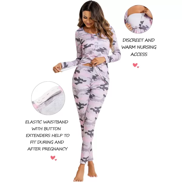 Ekouaer Womens Button Down Nursing Thermal Underwear Maternity Pajamas Microfiber Fleece Lined Winter Pjs Set Long John SetPink Camouflage No FleeceRun Small