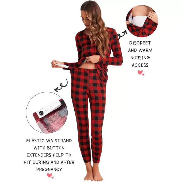 Ekouaer Womens Button Down Nursing Thermal Underwear Maternity Pajamas Microfiber Fleece Lined Winter Pjs Set Long John SetRed Plaid No FleeceRun Small