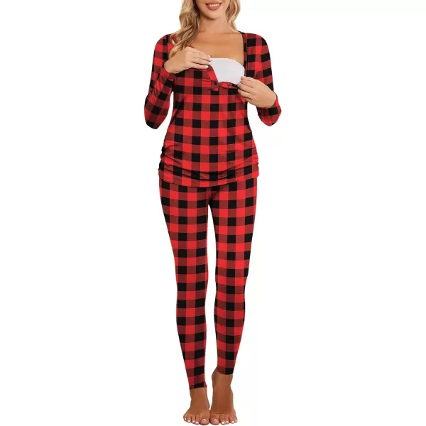 Ekouaer Womens Button Down Nursing Thermal Underwear Maternity Pajamas Microfiber Fleece Lined Winter Pjs Set Long John SetRed Plaid No FleeceRun Small