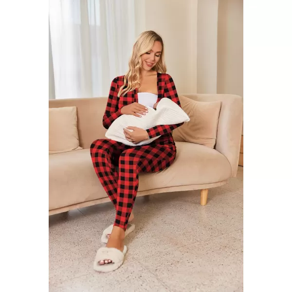 Ekouaer Womens Button Down Nursing Thermal Underwear Maternity Pajamas Microfiber Fleece Lined Winter Pjs Set Long John SetRed Plaid No FleeceRun Small