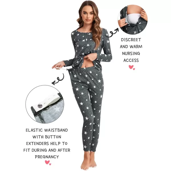 Ekouaer Womens Button Down Nursing Thermal Underwear Maternity Pajamas Microfiber Fleece Lined Winter Pjs Set Long John SetStar Print No FleeceRun Small