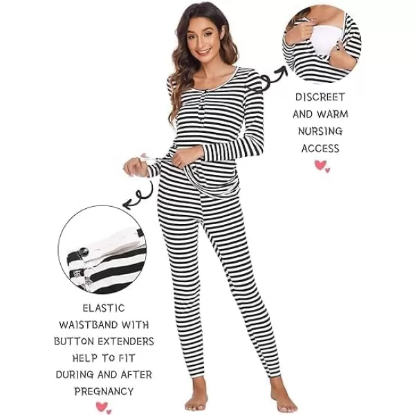 Ekouaer Womens Button Down Nursing Thermal Underwear Maternity Pajamas Microfiber Fleece Lined Winter Pjs Set Long John SetStriped Black No Fleece