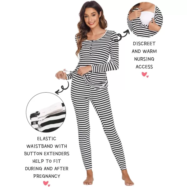 Ekouaer Womens Button Down Nursing Thermal Underwear Maternity Pajamas Microfiber Fleece Lined Winter Pjs Set Long John SetStriped Black No FleeceTrue Size