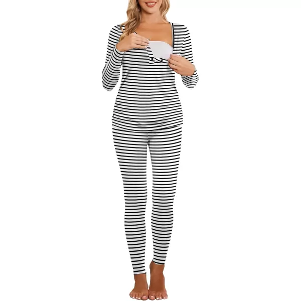 Ekouaer Womens Button Down Nursing Thermal Underwear Maternity Pajamas Microfiber Fleece Lined Winter Pjs Set Long John SetStriped Black No FleeceTrue Size