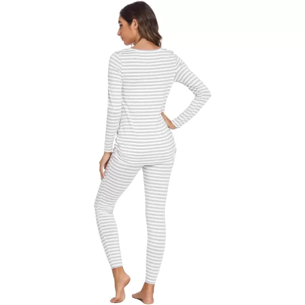 Ekouaer Womens Button Down Nursing Thermal Underwear Maternity Pajamas Microfiber Fleece Lined Winter Pjs Set Long John SetStriped Grey No FleeceTrue Size