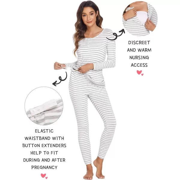 Ekouaer Womens Button Down Nursing Thermal Underwear Maternity Pajamas Microfiber Fleece Lined Winter Pjs Set Long John SetStriped Grey No FleeceTrue Size