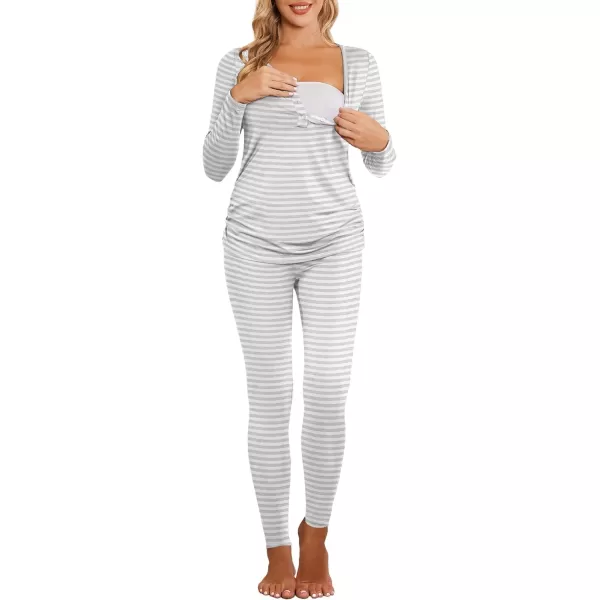 Ekouaer Womens Button Down Nursing Thermal Underwear Maternity Pajamas Microfiber Fleece Lined Winter Pjs Set Long John SetStriped Grey No FleeceTrue Size