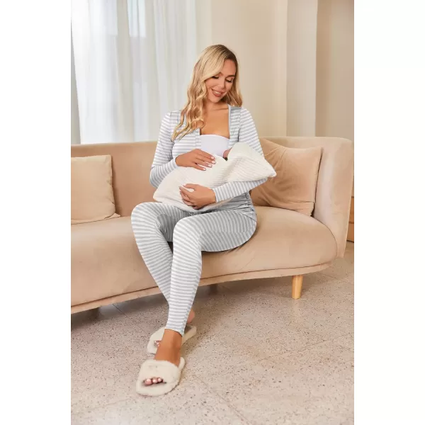 Ekouaer Womens Button Down Nursing Thermal Underwear Maternity Pajamas Microfiber Fleece Lined Winter Pjs Set Long John SetStriped Grey No FleeceTrue Size