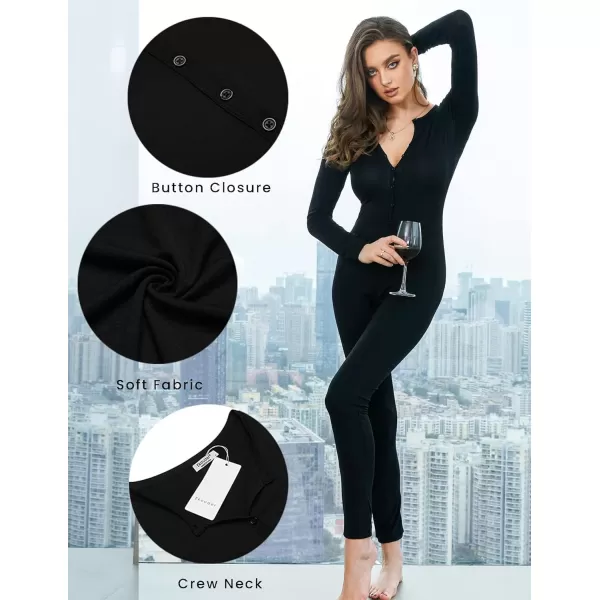 Ekouaer Womens Button Onesie Pajamas Bandage One Piece Long Sleep Romper Pajama Bodysuit Jumpsuit Bodycon XSXXLAblack