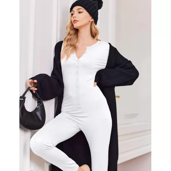 Ekouaer Womens Button Onesie Pajamas Bandage One Piece Long Sleep Romper Pajama Bodysuit Jumpsuit Bodycon XSXXLAwhite