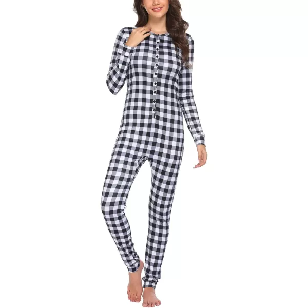 Ekouaer Womens Button Onesie Pajamas Bandage One Piece Long Sleep Romper Pajama Bodysuit Jumpsuit Bodycon XSXXLBlack Plaid