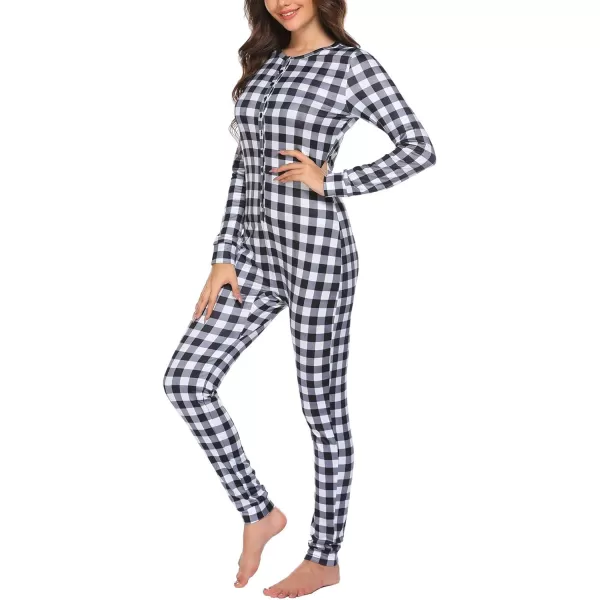 Ekouaer Womens Button Onesie Pajamas Bandage One Piece Long Sleep Romper Pajama Bodysuit Jumpsuit Bodycon XSXXLBlack Plaid