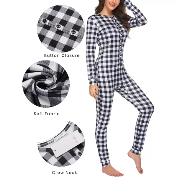 Ekouaer Womens Button Onesie Pajamas Bandage One Piece Long Sleep Romper Pajama Bodysuit Jumpsuit Bodycon XSXXLBlack Plaid