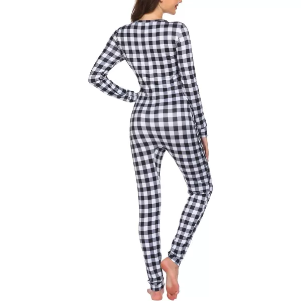 Ekouaer Womens Button Onesie Pajamas Bandage One Piece Long Sleep Romper Pajama Bodysuit Jumpsuit Bodycon XSXXLBlack Plaid