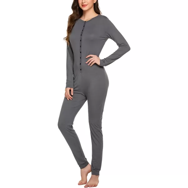 Ekouaer Womens Button Onesie Pajamas Bandage One Piece Long Sleep Romper Pajama Bodysuit Jumpsuit Bodycon XSXXLDark Grey