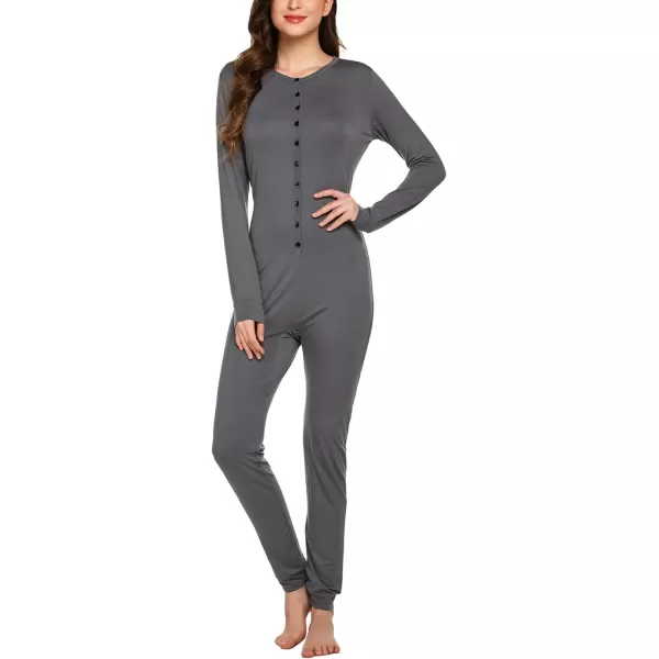 Ekouaer Womens Button Onesie Pajamas Bandage One Piece Long Sleep Romper Pajama Bodysuit Jumpsuit Bodycon XSXXLDark Grey