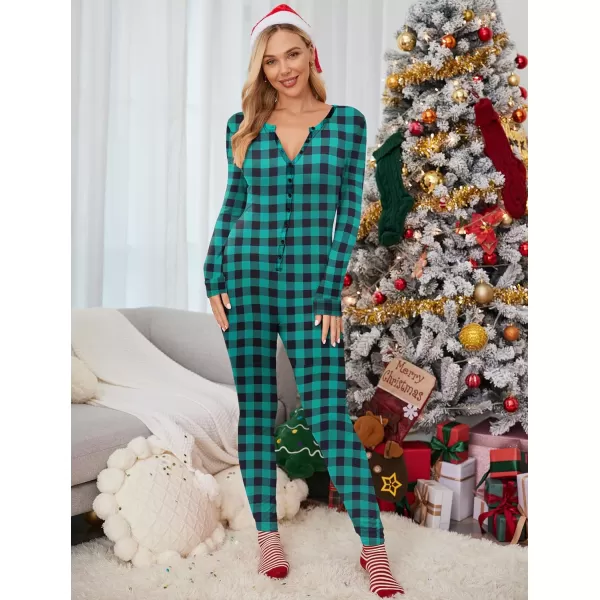 Ekouaer Womens Button Onesie Pajamas Bandage One Piece Long Sleep Romper Pajama Bodysuit Jumpsuit Bodycon XSXXLGreen Plaid