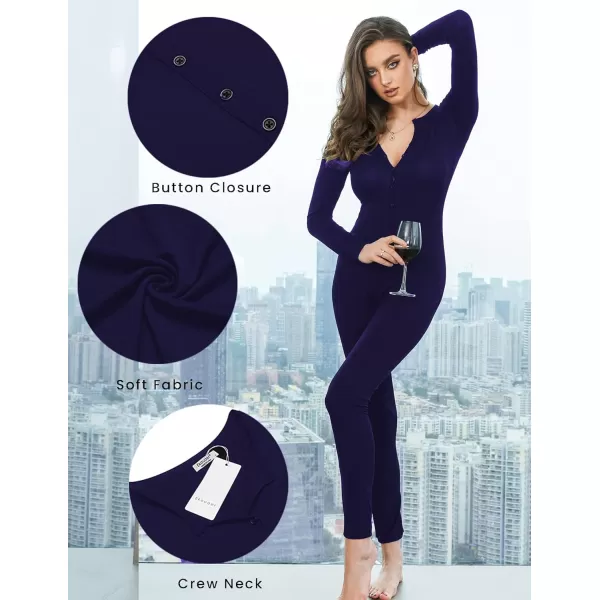 Ekouaer Womens Button Onesie Pajamas Bandage One Piece Long Sleep Romper Pajama Bodysuit Jumpsuit Bodycon XSXXLNavy