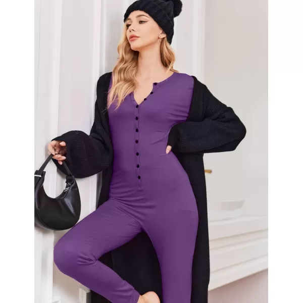 Ekouaer Womens Button Onesie Pajamas Bandage One Piece Long Sleep Romper Pajama Bodysuit Jumpsuit Bodycon XSXXLPurple