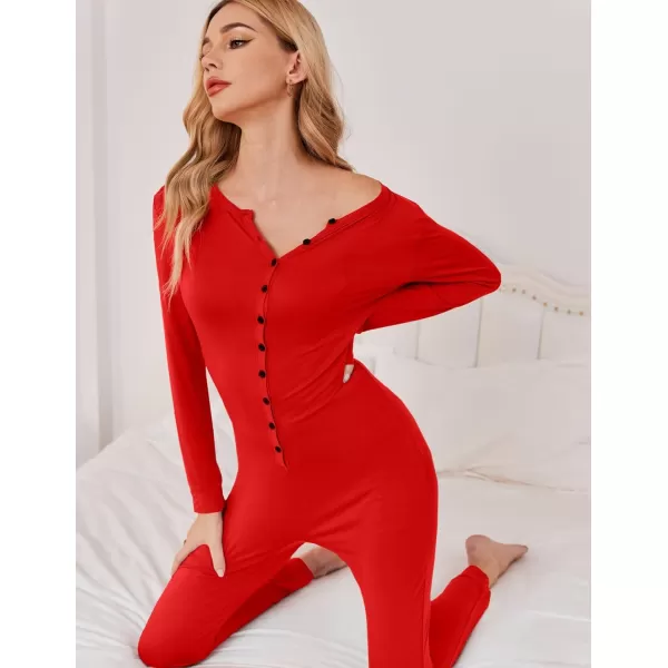 Ekouaer Womens Button Onesie Pajamas Bandage One Piece Long Sleep Romper Pajama Bodysuit Jumpsuit Bodycon XSXXLRed