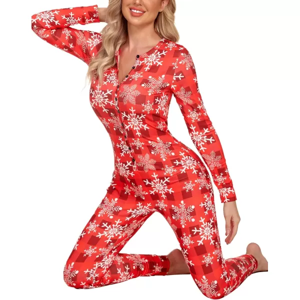 Ekouaer Womens Button Onesie Pajamas Bandage One Piece Long Sleep Romper Pajama Bodysuit Jumpsuit Bodycon XSXXLRed Plaid With Snowflake