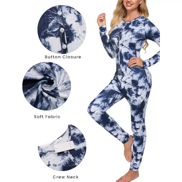 Ekouaer Womens Button Onesie Pajamas Bandage One Piece Long Sleep Romper Pajama Bodysuit Jumpsuit Bodycon XSXXLTie Dyeblue