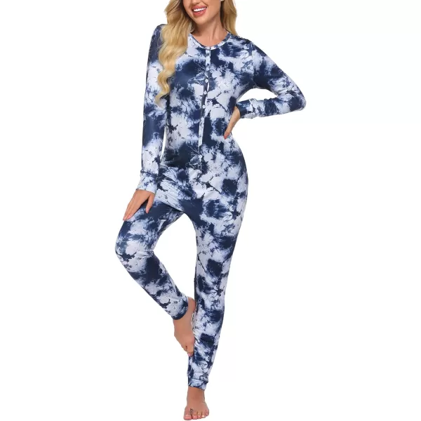 Ekouaer Womens Button Onesie Pajamas Bandage One Piece Long Sleep Romper Pajama Bodysuit Jumpsuit Bodycon XSXXLTie Dyeblue