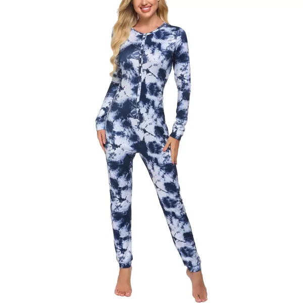 Ekouaer Womens Button Onesie Pajamas Bandage One Piece Long Sleep Romper Pajama Bodysuit Jumpsuit Bodycon XSXXLTie Dyeblue