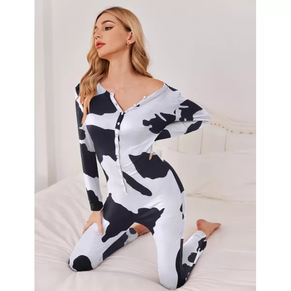 Ekouaer Womens Button Onesie Pajamas Bandage One Piece Long Sleep Romper Pajama Bodysuit Jumpsuit Bodycon XSXXLWhite Cow Pattern