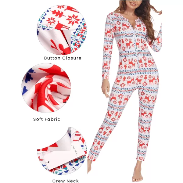 Ekouaer Womens Button Onesie Pajamas Bandage One Piece Long Sleep Romper Pajama Bodysuit Jumpsuit Bodycon XSXXLWhitechristmaspattern