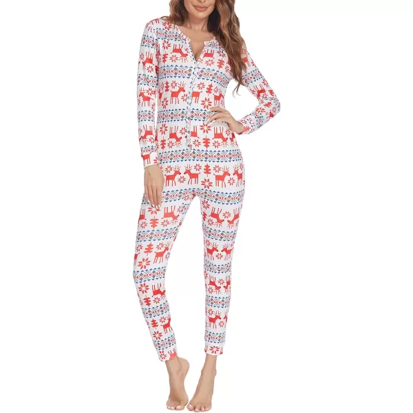 Ekouaer Womens Button Onesie Pajamas Bandage One Piece Long Sleep Romper Pajama Bodysuit Jumpsuit Bodycon XSXXLWhitechristmaspattern