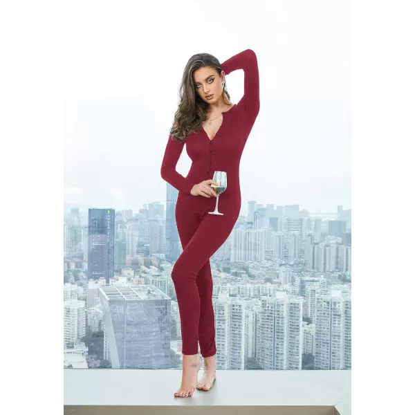 Ekouaer Womens Button Onesie Pajamas Bandage One Piece Long Sleep Romper Pajama Bodysuit Jumpsuit Bodycon XSXXLWine Red