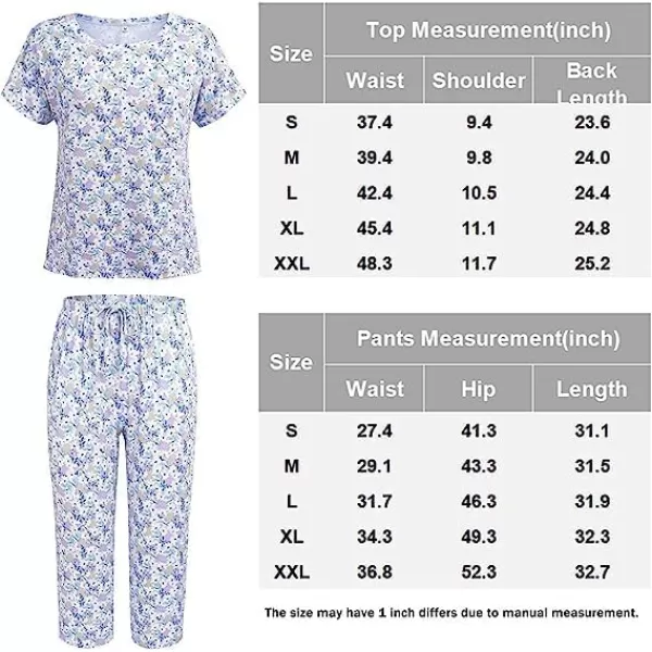 Ekouaer Womens Capri Pajama Sets Floral Print Short Sleeve Sleepwear Top and Capri Pants 2 Piece Loungewear with PocketsAnavy Bluestars