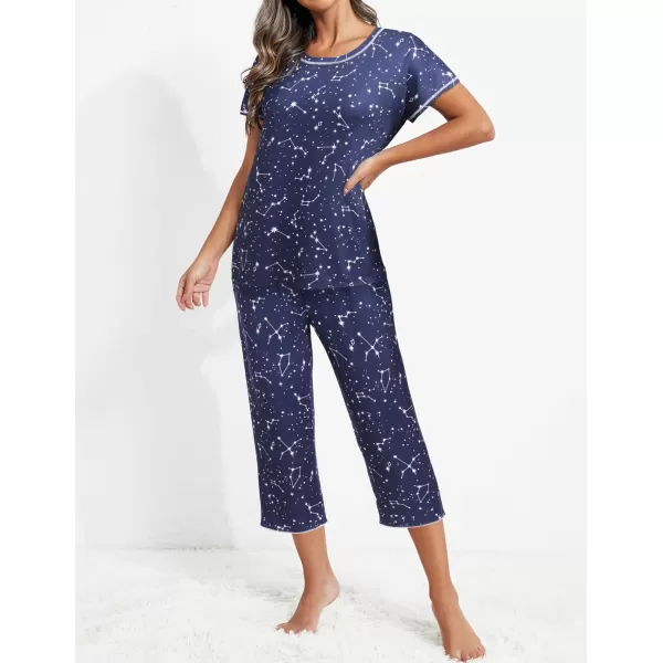 Ekouaer Womens Capri Pajama Sets Floral Print Short Sleeve Sleepwear Top and Capri Pants 2 Piece Loungewear with PocketsAnavy Bluestars